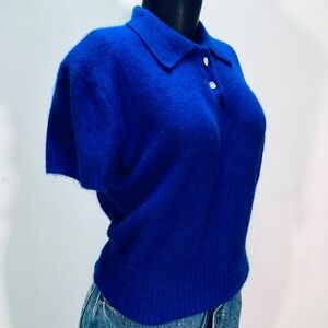 90's Preppy 'The Limited' Blue Angora Short Sleeve Polo Sweater Top M